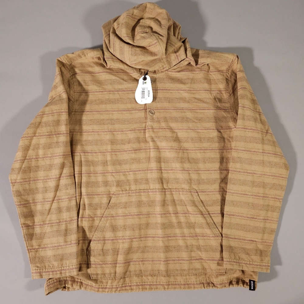 Prana Westbrook Hooded Flannel Mens Large Nomad Tan Striped Pullover Hoodie NWT